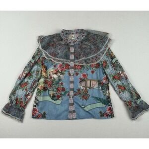 Women's Long Sleeve Mesh Collar Blue Multi Print Blouse Size Large